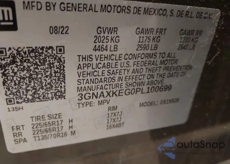 2023 Chevrolet Equinox Fwd Lt z USA, uszkodzony, nr VIN 3GNAXKEG0PL100699